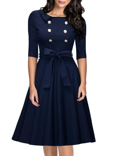 Oasap Women's Elegant Double Breasted Bow Waist A-line Dress