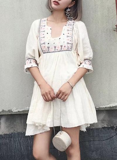 Oasap 3/4 Sleeve Embroidery Tie Waist Mini Dress
