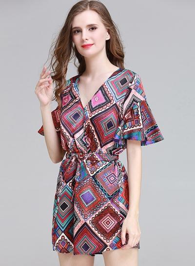 Oasap Boho Deep V Neck Geometric Print Romper