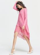 Oasap Round Neck Long Sleeve Solid Color Lace Splicing Dress