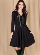 Oasap V Neck Long Sleeve Solid Color Midi Dress