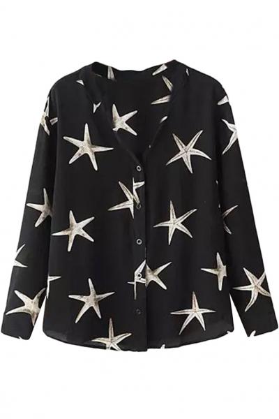 Oasap Chic Sea Star Slit Neck Chiffon Shirt