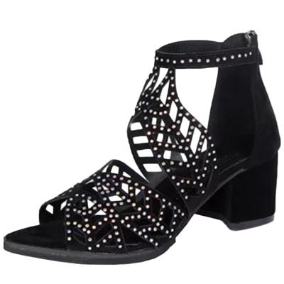 Oasap Peep Toe Hollow Out Rhinestone Chunky Heels Sandals