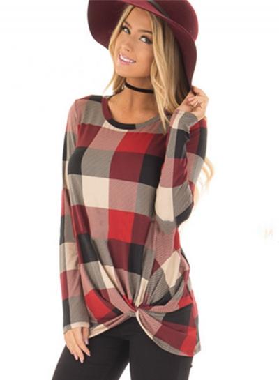 Oasap Round Neck Long Sleeve Plaid Tee