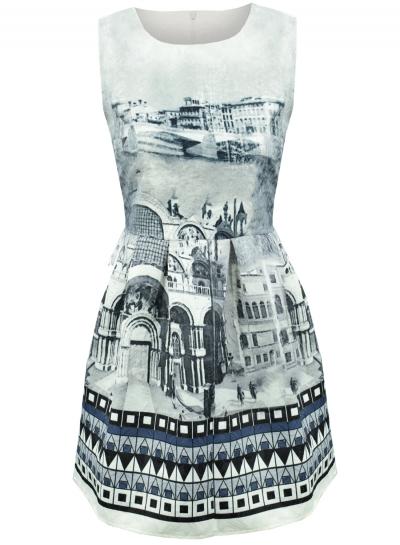 Oasap Women's Vintage Scenery Print Round Neck Sleeveless Dress