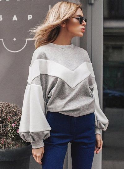 Oasap Fashion Color Block Lantern Sleeve Pullover Sweatshirt