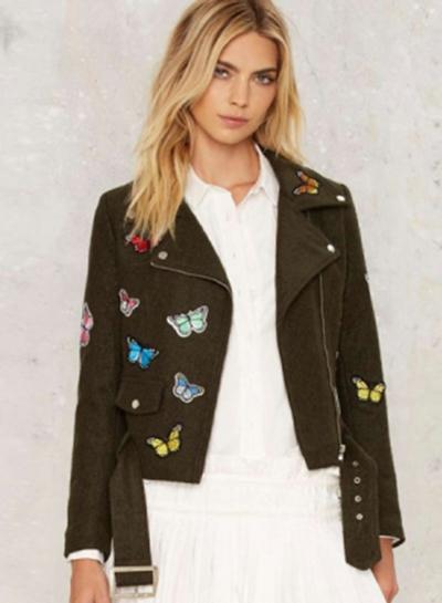 Oasap Women's Butterfly Patchwork Lapel Short Woolen Jacket