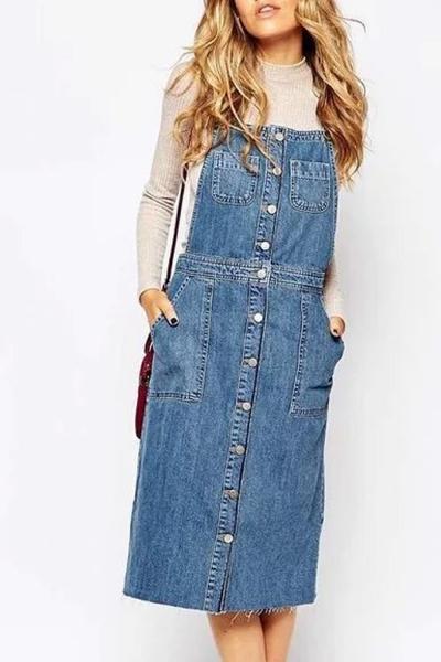 Oasap Women Buckle Strap Button Front Frayed Denim Overall Dress