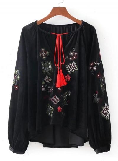 Oasap Velvet V Neck Long Sleeve Embroidery Tassel Blouse