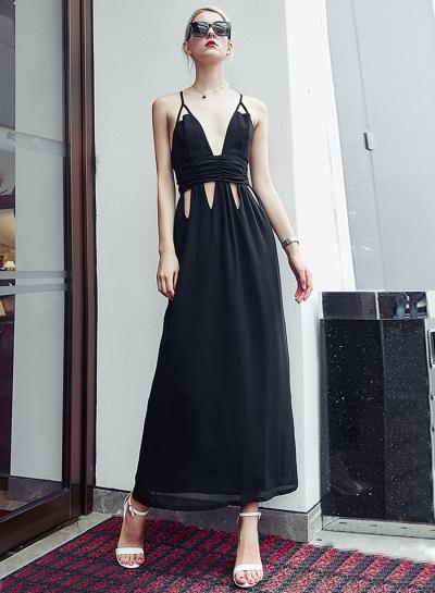 Oasap Deep V Neck Backless Cut Out Waist Prom Dress