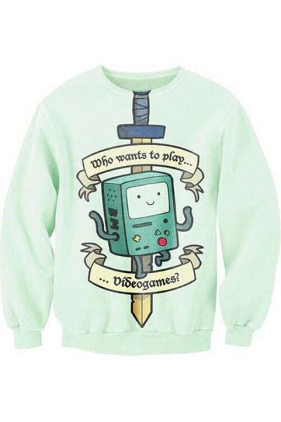 Oasap Easy Game Machine Pattern Light Green Sweatshirt
