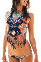 Oasap Tribal Print Tasseled Halter-neck Top Bikini Set Summer Swimsuits
