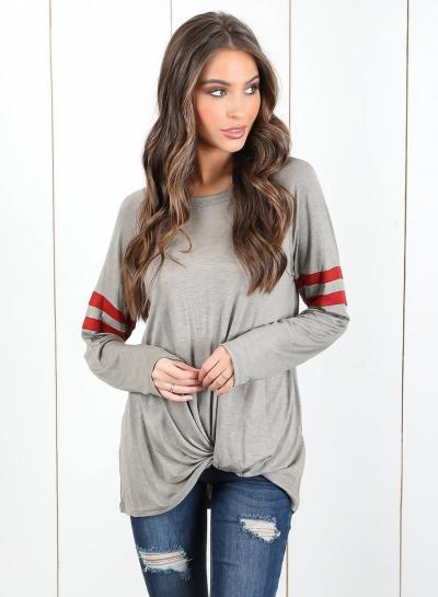 Oasap Striped Sleeve Round Neck Knot Hem Tee Shirt