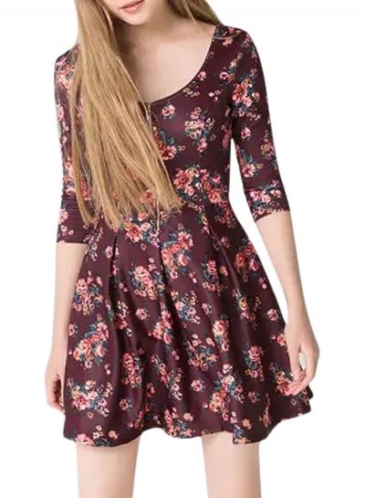 Oasap Women's V Neck Floral Print Mini Pleated Skater Dress