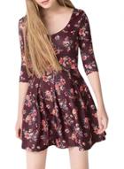 Oasap Women's V Neck Floral Print Mini Pleated Skater Dress