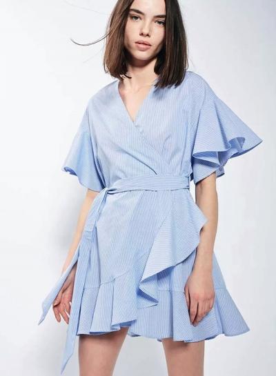 Oasap Striped V Neck Ruffle Tie Waist Dress