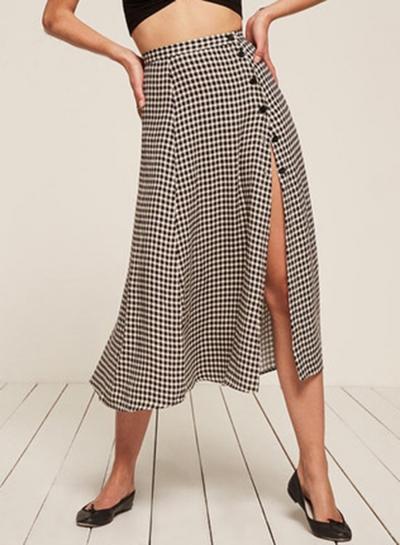 Oasap Vintage High Waist Slit Button Down Plaid Skirt