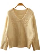 Oasap V Neck Long Sleeve Solid Color Loose Pullover Sweater