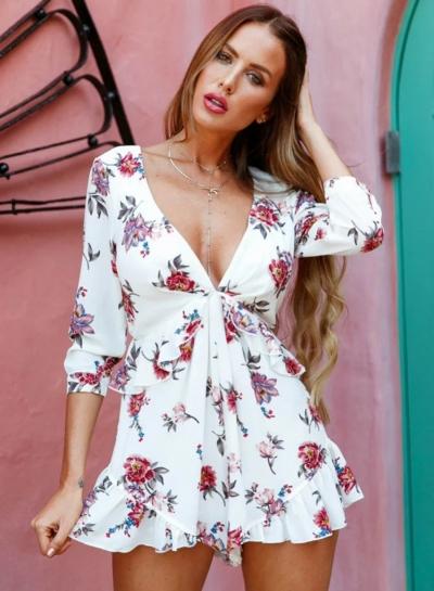 Oasap Deep V Neck 3/4 Sleeve Floral Print High Waist Romper
