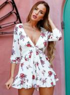Oasap Deep V Neck 3/4 Sleeve Floral Print High Waist Romper
