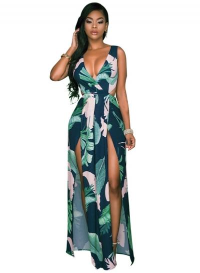 Oasap Deep V Neck Leaves Print Maxi Dress