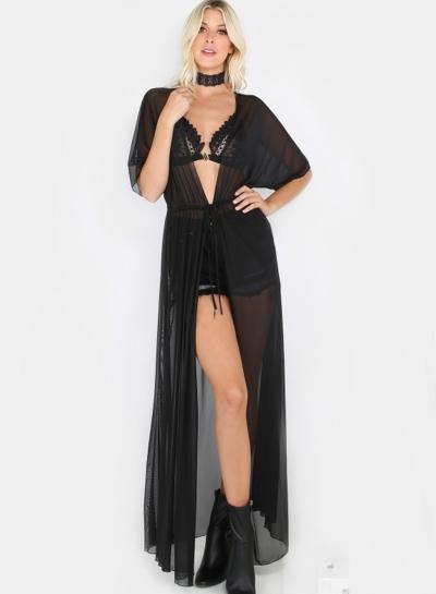 Oasap Women's Sheer Tie Waist Plain Coat