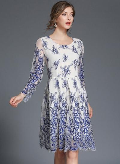 Oasap Long Sleeve Folral Embroidery Lace Dresses