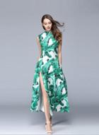 Oasap Vintage Leaf Print Slim Maxi Dress