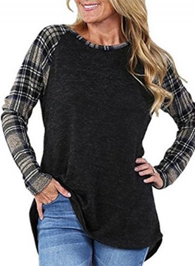 Oasap Round Neck Plaid Sleeve Splicing Tee Shirt