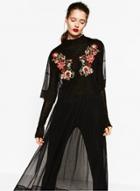 Oasap Sheer Mesh Floral Embroidered Maxi Dress