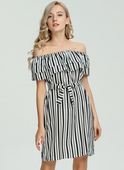 Oasap Off Shoulder Ruffle Short Sleeve Striped Dress With Belt