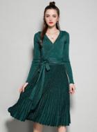 Oasap V Neck Long Sleeve Solid Color Pleated Dress With Belt