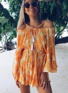 Oasap Off The Shoulder Flare Sleeve Printed Dress