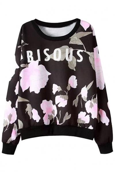 Oasap Bisous Black Floral Sweatshirt