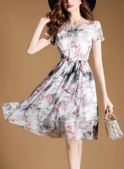 Oasap Wash Painting Print Flounce Sleeve Chiffon Dress