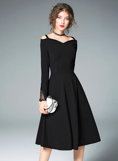 Oasap Off Shoulder Long Sleevel A-line Little Black Dress