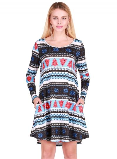 Oasap Casual Christmas Tree Long Sleeve A-line Dress