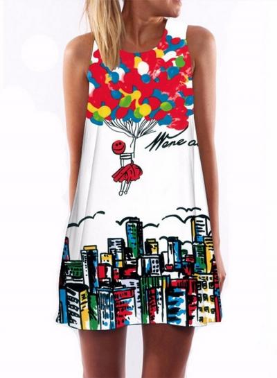 Oasap Casual Sleeveless Digital Printing Loose Fit Mini Dress