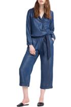 Oasap Women Fashion Blue Lapel Collar Tie Waist Wide-leg Jumpsuit