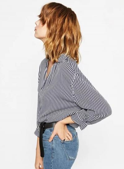Oasap Striped Long Sleeve Turn Down Collar Blouse