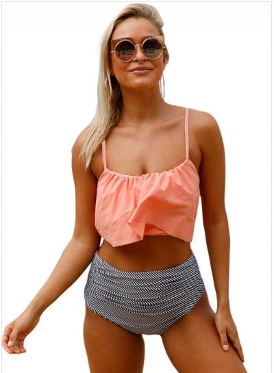 Oasap Spaghetti Strap Color Block Striped Bikini Set