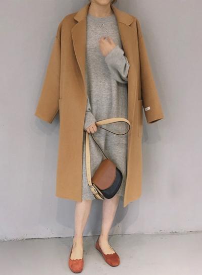 Oasap Fashion Side Split Loose Fit Woolen Coat With Belt