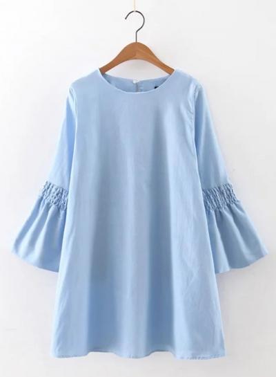 Oasap Round Neck Flare Sleeve Solid Color Dresses