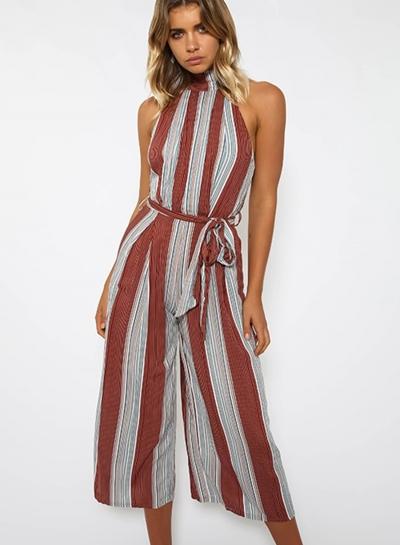 Oasap Striped Halter Neck Sleeveless Backless Tie Waist Jumpsuit