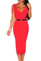 Oasap Red Faux Wrap Belted Fashion Midi Dress