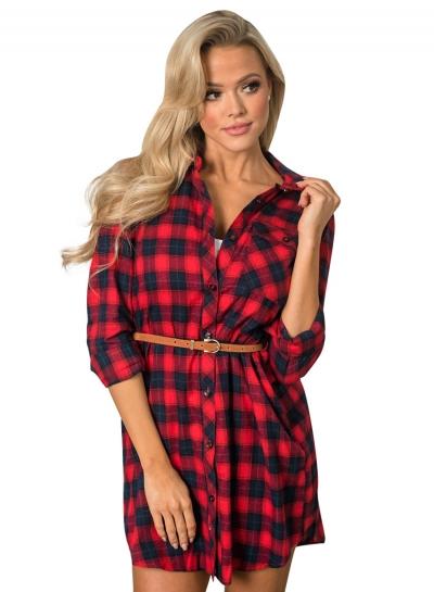 Oasap Turn Down Collar Long Sleeve Plaid Mini Dress