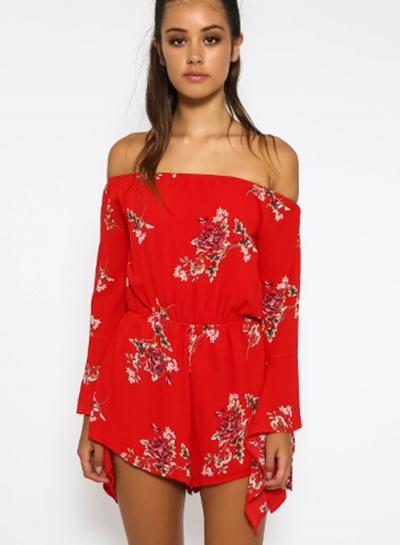 Oasap Off The Shoulder Long Sleeve Floral Print Romper