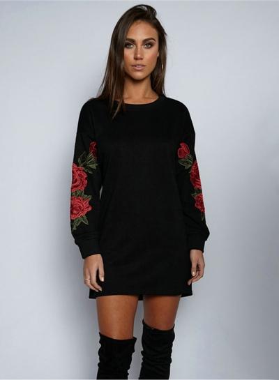 Oasap Lantern Sleeve Rose Embroidered Pullover Dress