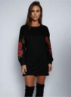 Oasap Lantern Sleeve Rose Embroidered Pullover Dress