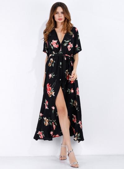 Oasap Deep V Neck Short Sleeve High Split Maxi Floral Dress